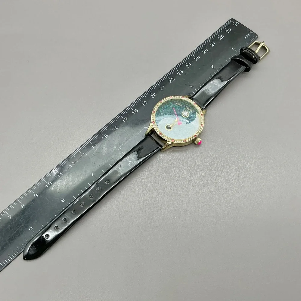 Betsey Johnson Watch Yin Yang Glitter Crystal Black Gold 40mm NEW BATTERY